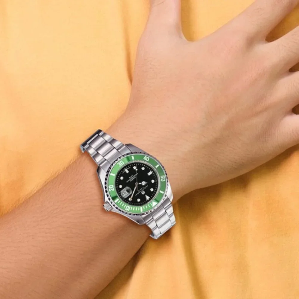 Charles Hubert Men's Stainless Steel Watch - Black Dial - Green Bezel - 40mm